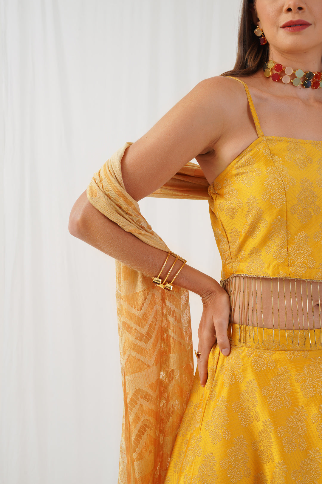 Jompers Women's Yellow Beads & Stones Ready to Wear Lehenga & Blouse With Dupatta