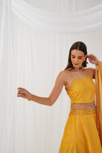 Jompers Women's Yellow Beads & Stones Ready to Wear Lehenga & Blouse With Dupatta
