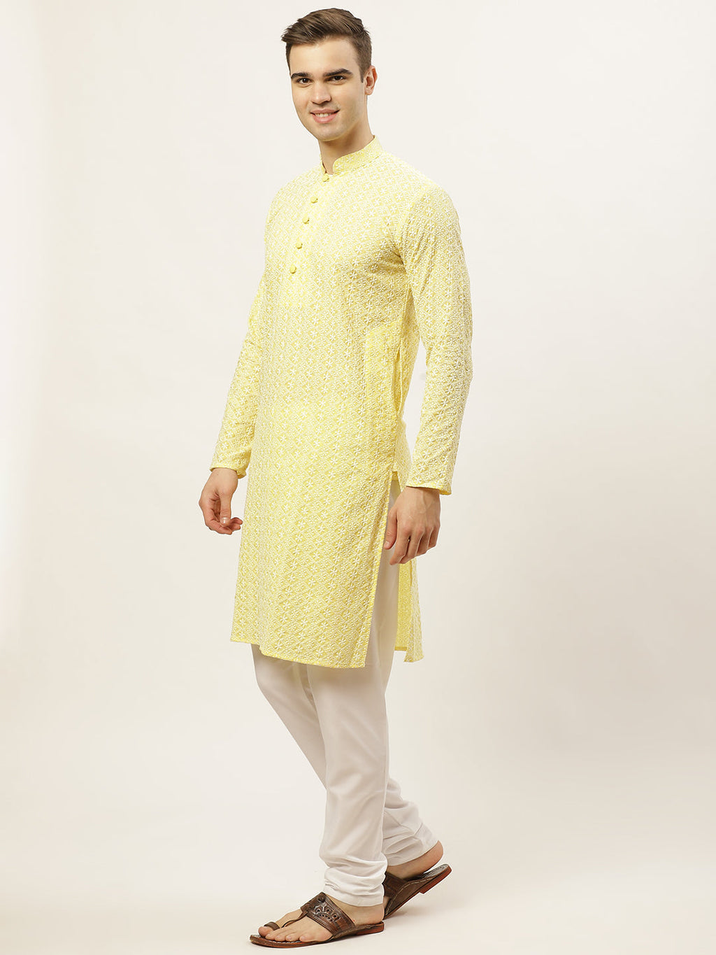 Jompers Men's Yellow Embroidered Kurta Only