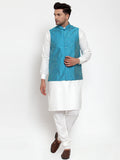 Jompers Men's White Solid Kurta with Pyjamas & Blue Nehru Jacket (Blue-W)