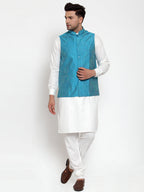Jompers Men's White Solid Kurta with Pyjamas & Blue Nehru Jacket (Blue-W)