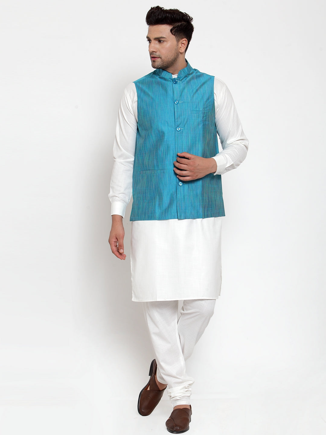 Jompers Men's White Solid Kurta with Pyjamas & Blue Nehru Jacket (Blue-W)