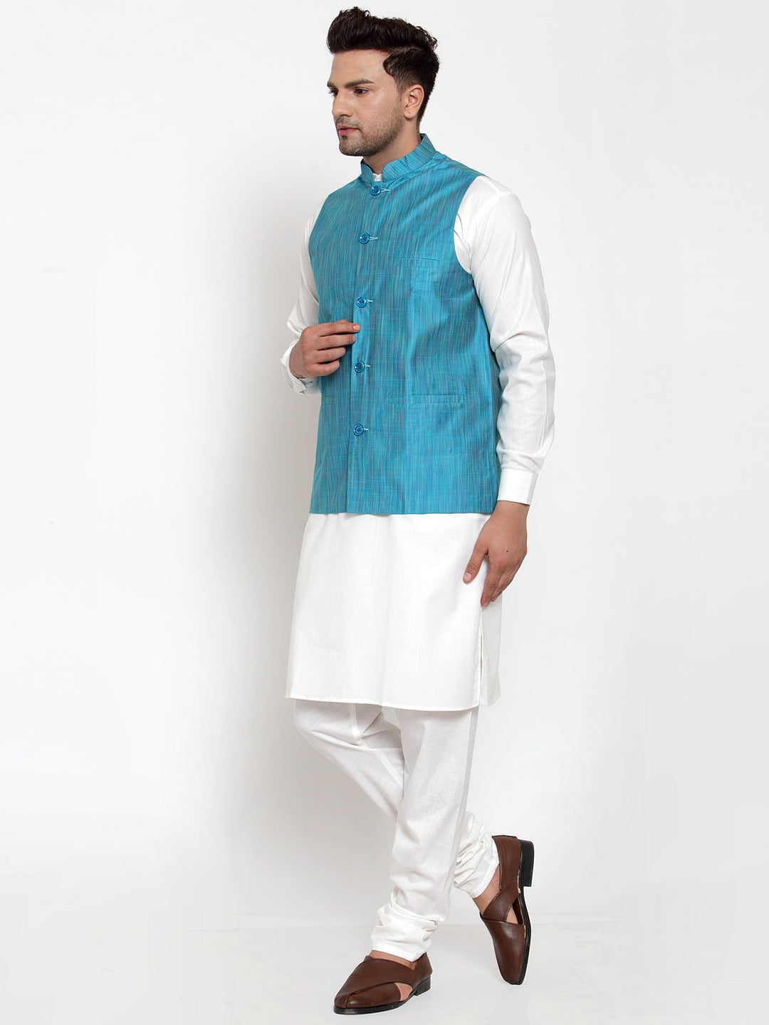 Jompers Men's White Solid Kurta with Pyjamas & Blue Nehru Jacket (Blue-W)