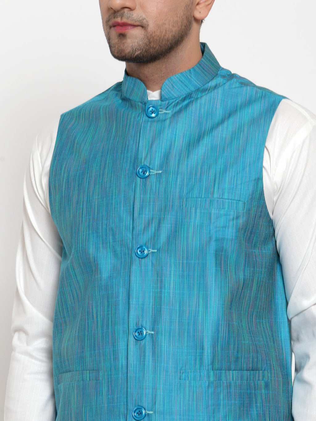 Jompers Men's White Solid Kurta with Pyjamas & Blue Nehru Jacket (Blue-W)