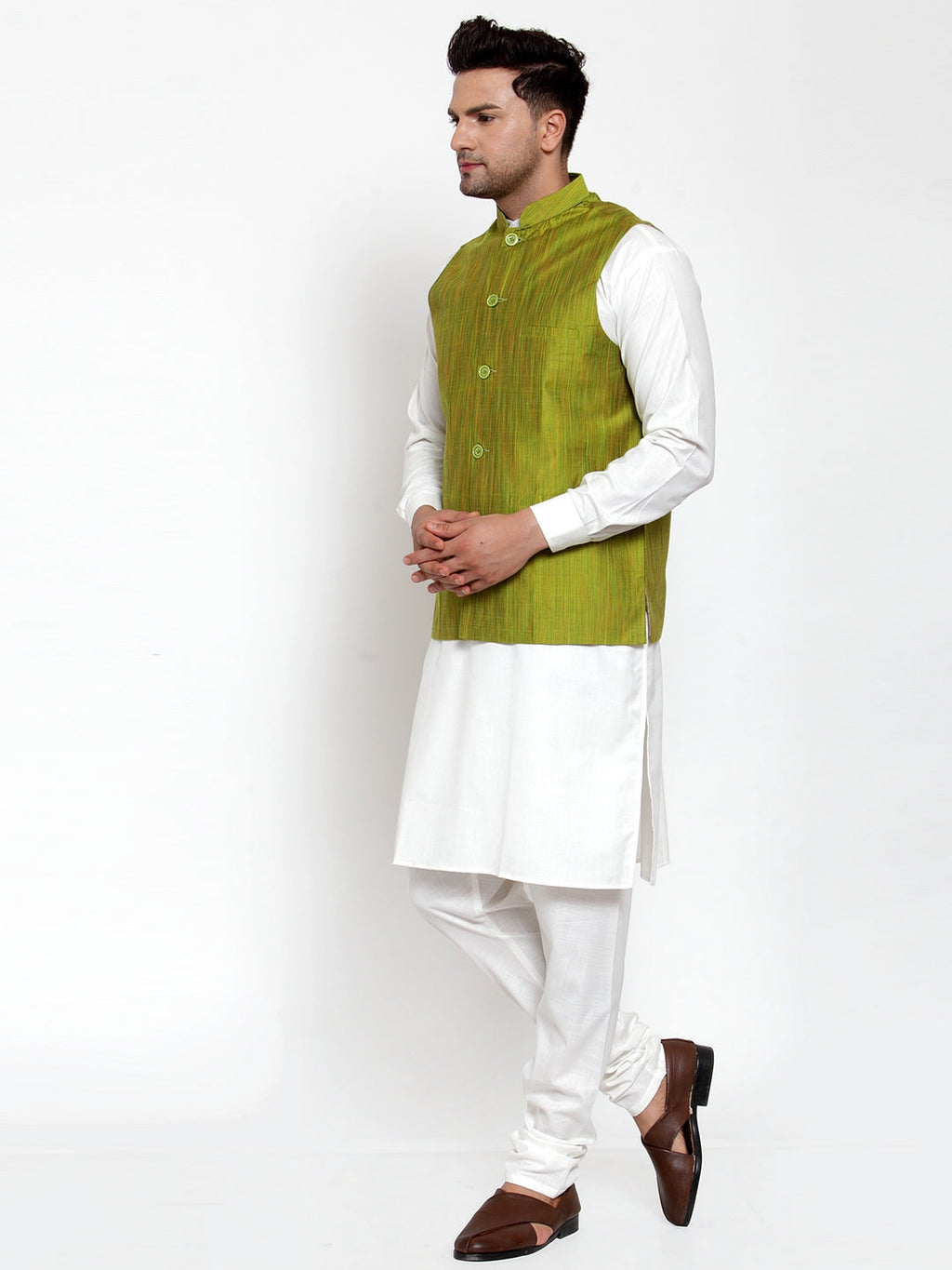 Jompers Men's White Solid Kurta with Pyjamas & Green Nehru Jacket - Distacart