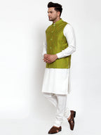 Jompers Men's White Solid Kurta with Pyjamas & Green Nehru Jacket - Distacart