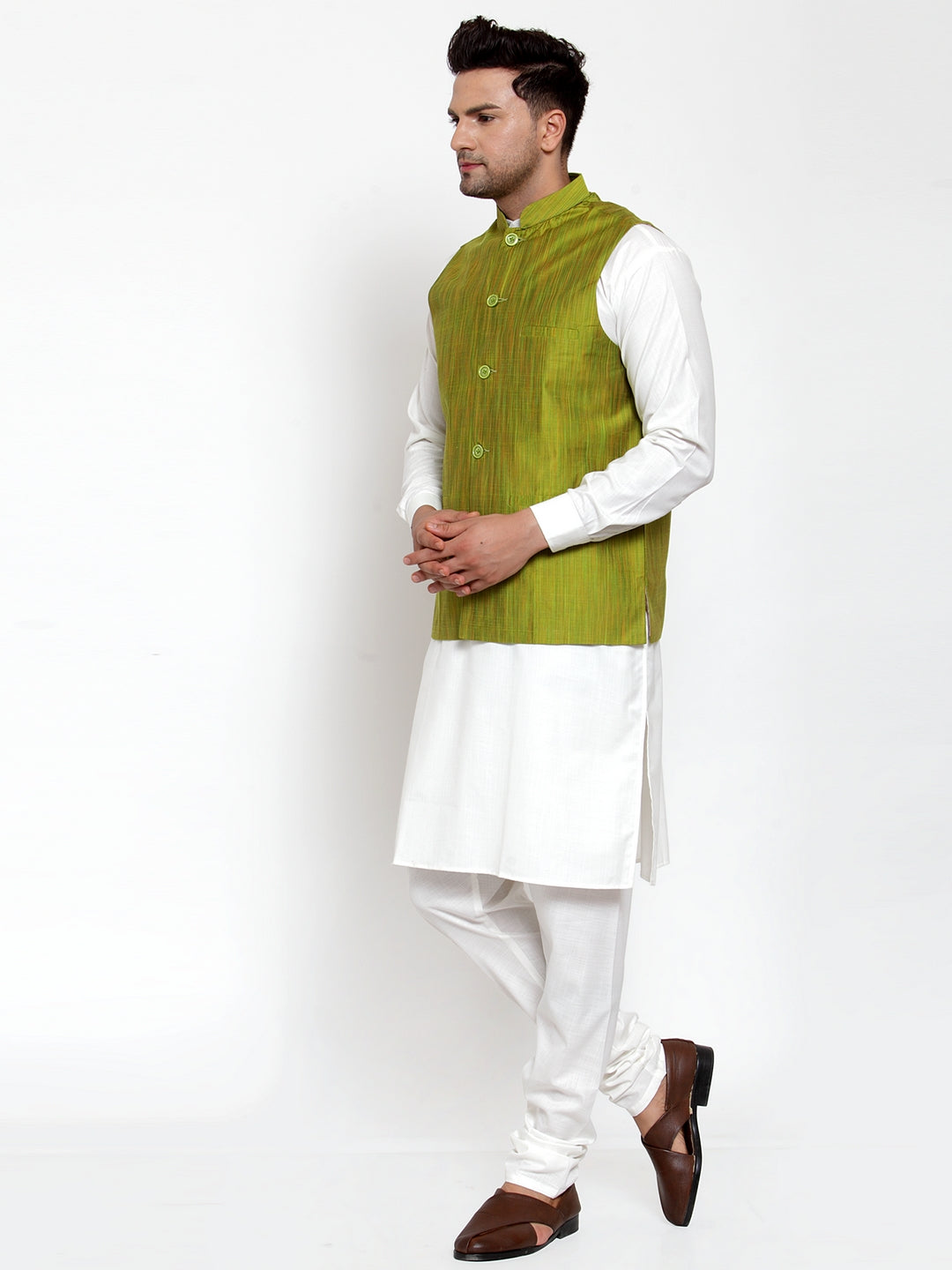 Jompers Men's White Solid Kurta with Pyjamas & Green Nehru Jacket - Distacart