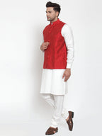 Jompers Men's White Solid Kurta with Pyjamas & Red Nehru Jacket - Distacart