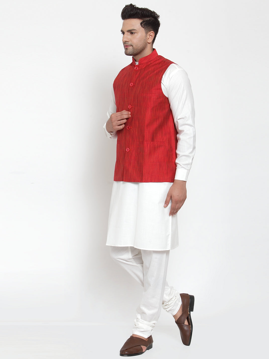 Jompers Men's White Solid Kurta with Pyjamas & Red Nehru Jacket - Distacart