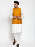 Jompers Men's White Solid Kurta with Pyjamas & Yellow Nehru Jacket - Distacart