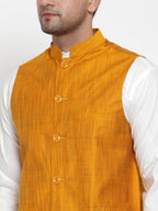 Jompers Men's White Solid Kurta with Pyjamas & Yellow Nehru Jacket - Distacart