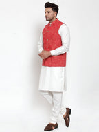 Jompers Men's White Solid Kurta with Pyjamas & Red Nehru Jacket - Distacart