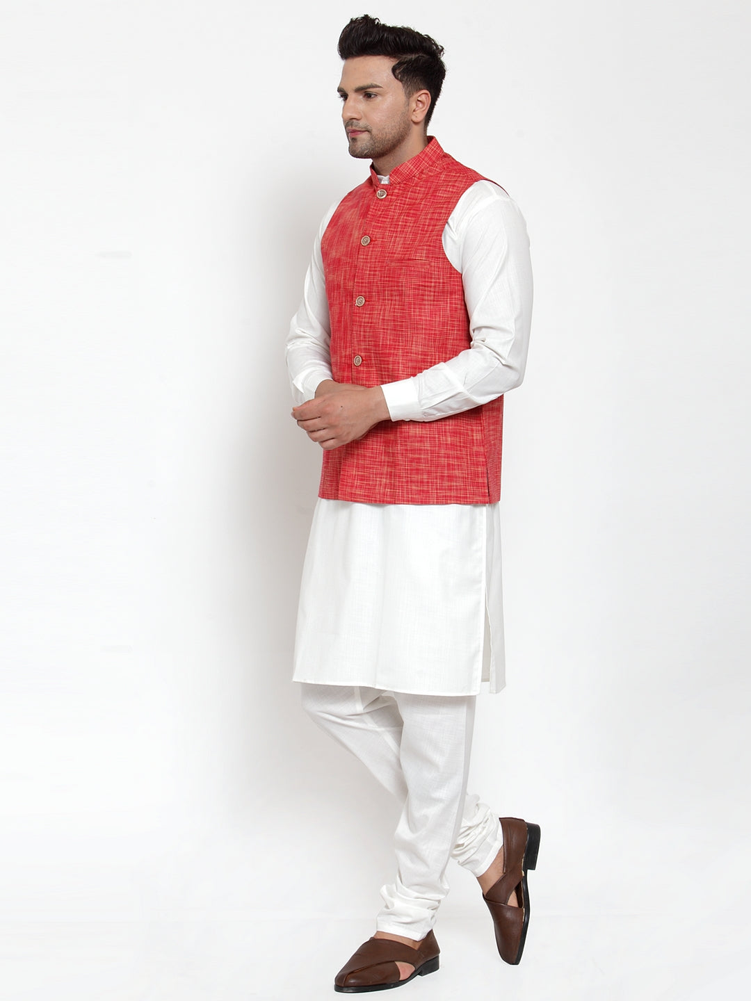 Jompers Men's White Solid Kurta with Pyjamas & Red Nehru Jacket - Distacart