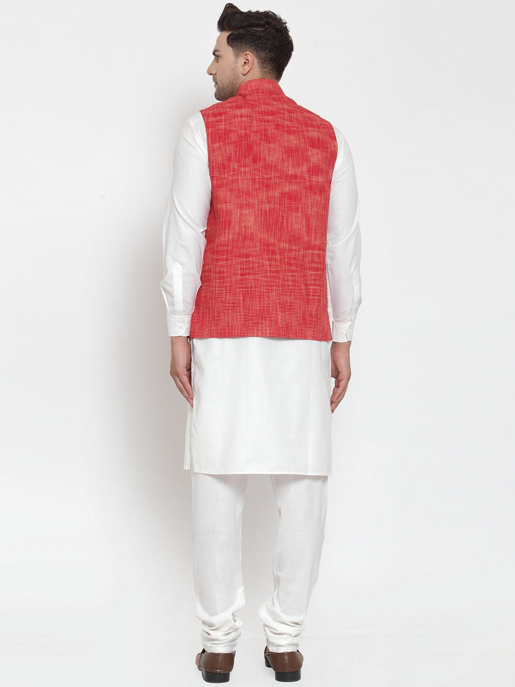 Jompers Men's White Solid Kurta with Pyjamas & Red Nehru Jacket - Distacart