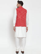 Jompers Men's White Solid Kurta with Pyjamas & Red Nehru Jacket - Distacart