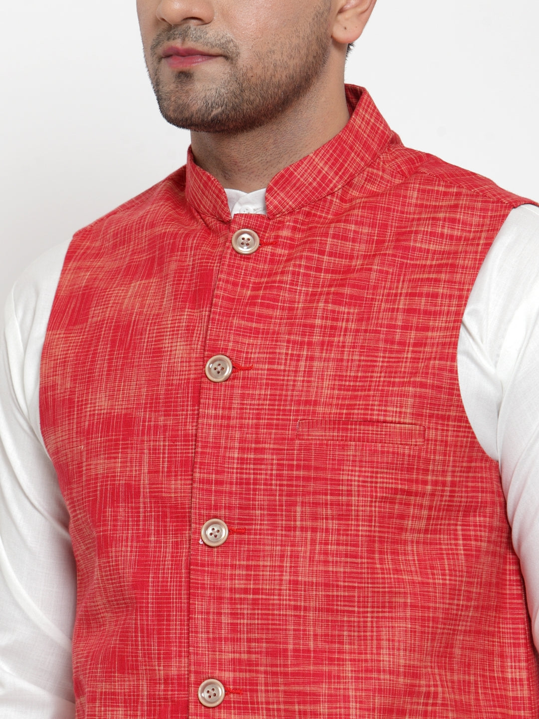 Jompers Men's White Solid Kurta with Pyjamas & Red Nehru Jacket - Distacart
