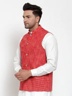 Jompers Men's Red Woven Design Nehru Jacket