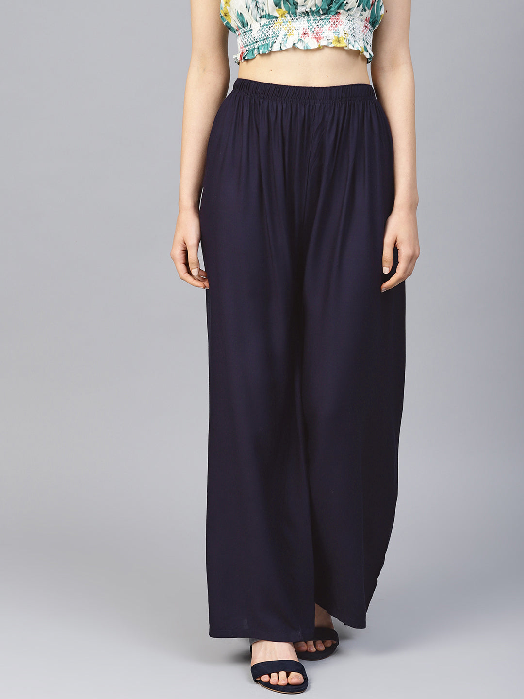 Jompers Women's Navy Blue Straight Elasticated Palazzo