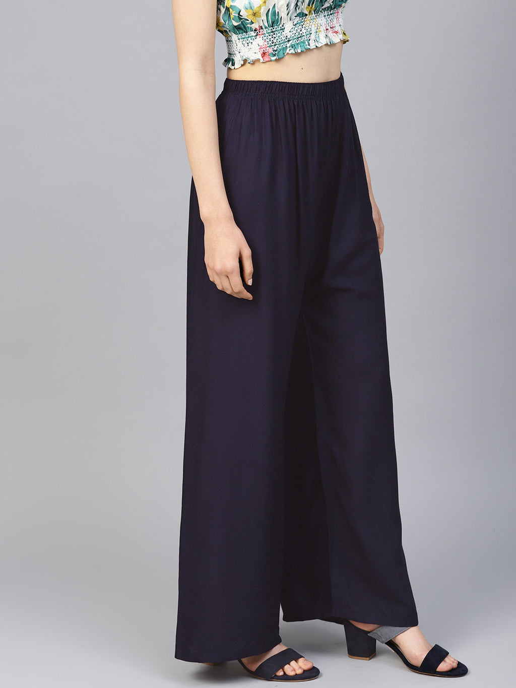Jompers Women's Navy Blue Straight Elasticated Palazzo
