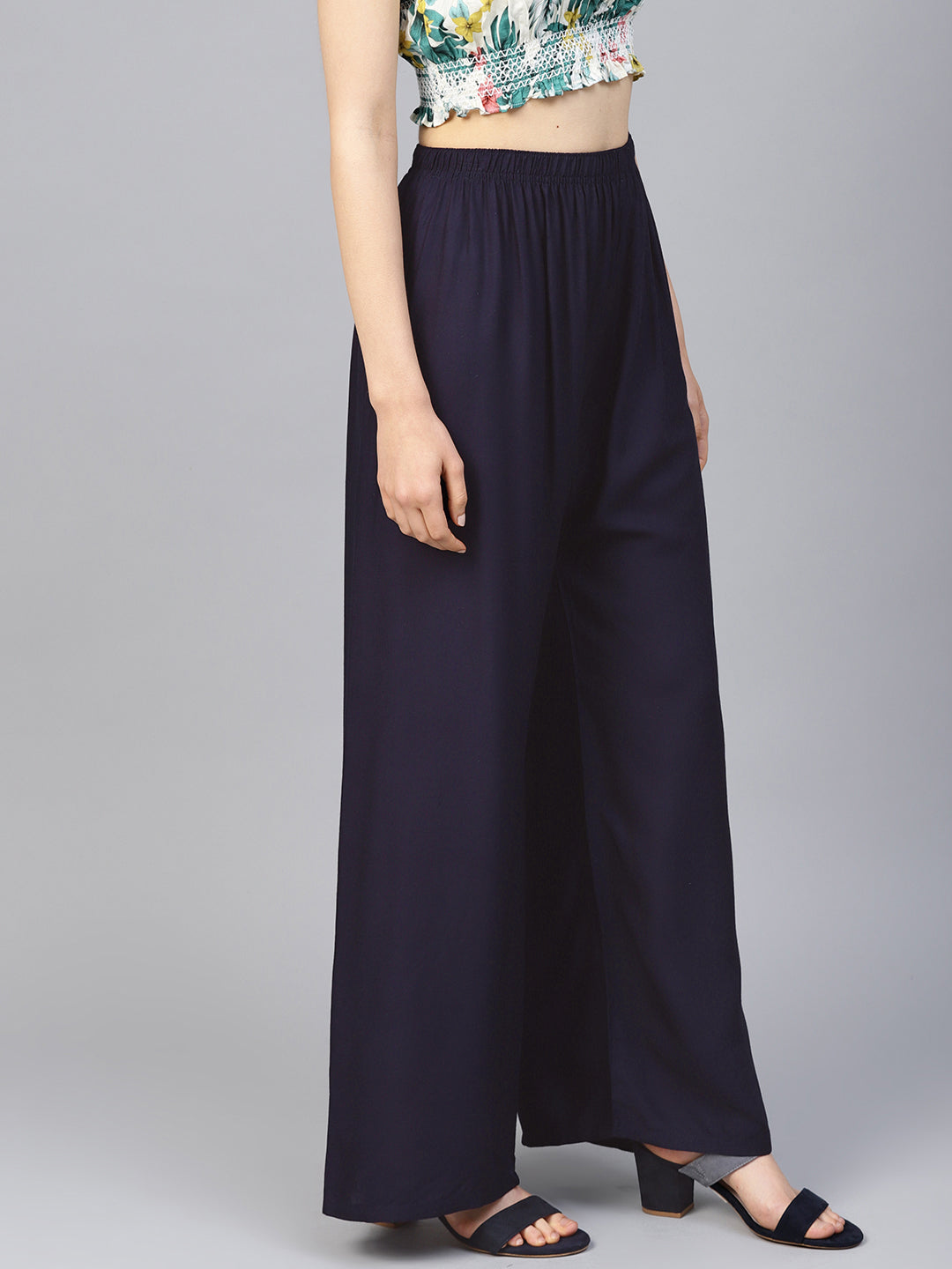 Jompers Women's Navy Blue Straight Elasticated Palazzo