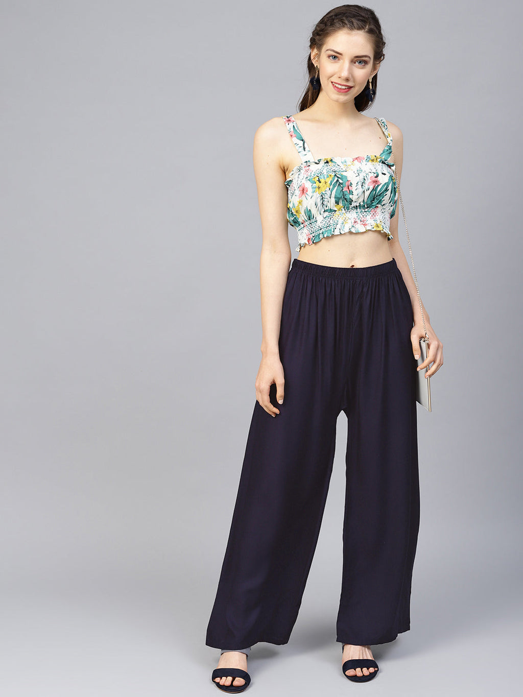 Jompers Women's Navy Blue Straight Elasticated Palazzo