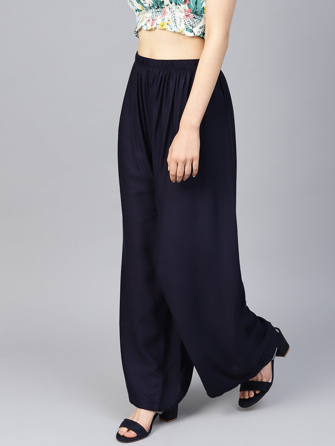 Jompers Women's Navy Blue Straight Elasticated Palazzo