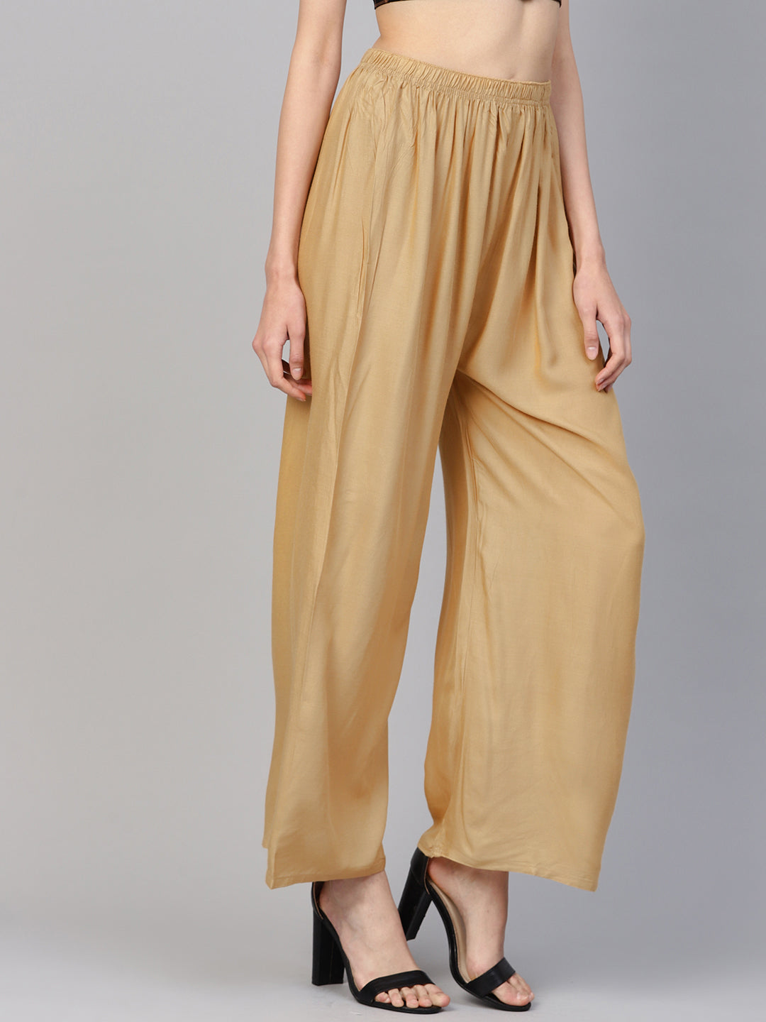 Jompers Women's Beige Straight Elasticated Palazzo