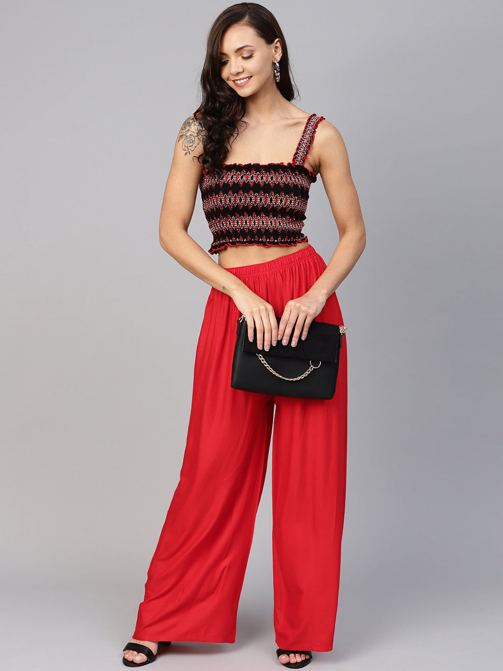 Jompers Women's Red Straight Elasticated Palazzo