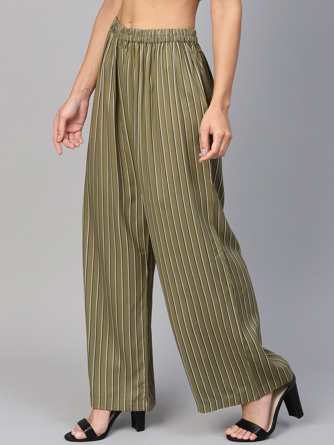 Jompers Women Olive Green & Black Striped Straight Palazzos - Distacart