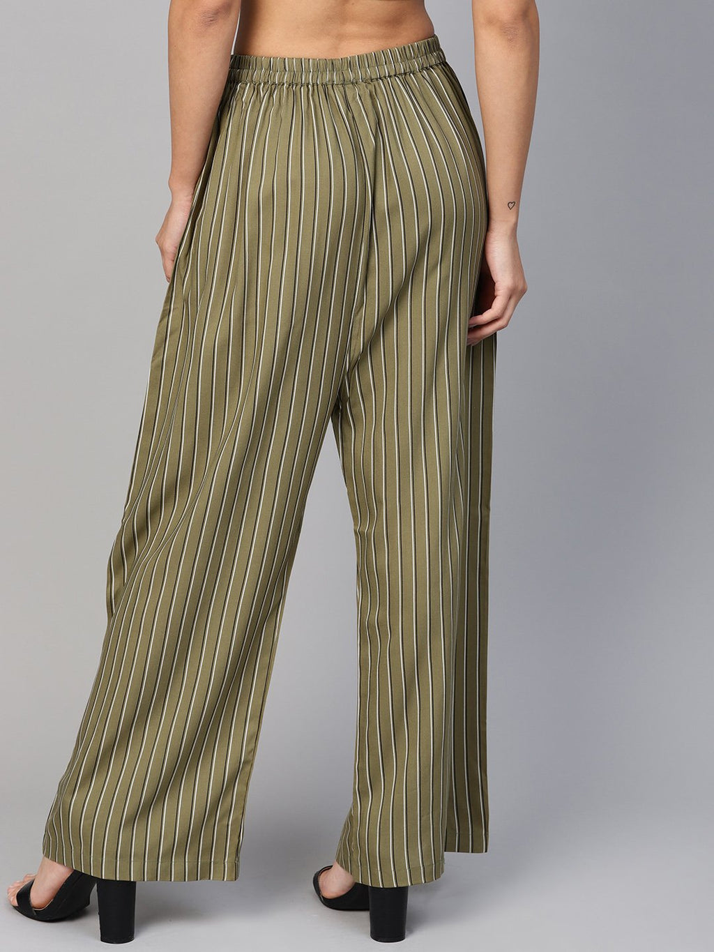 Jompers Women Olive Green & Black Striped Straight Palazzos - Distacart