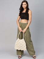 Jompers Women Olive Green & Black Striped Straight Palazzos - Distacart