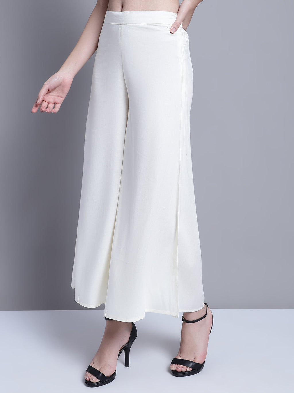 Jompers Women's Off-White Straight Partially Elasticated Palazzo