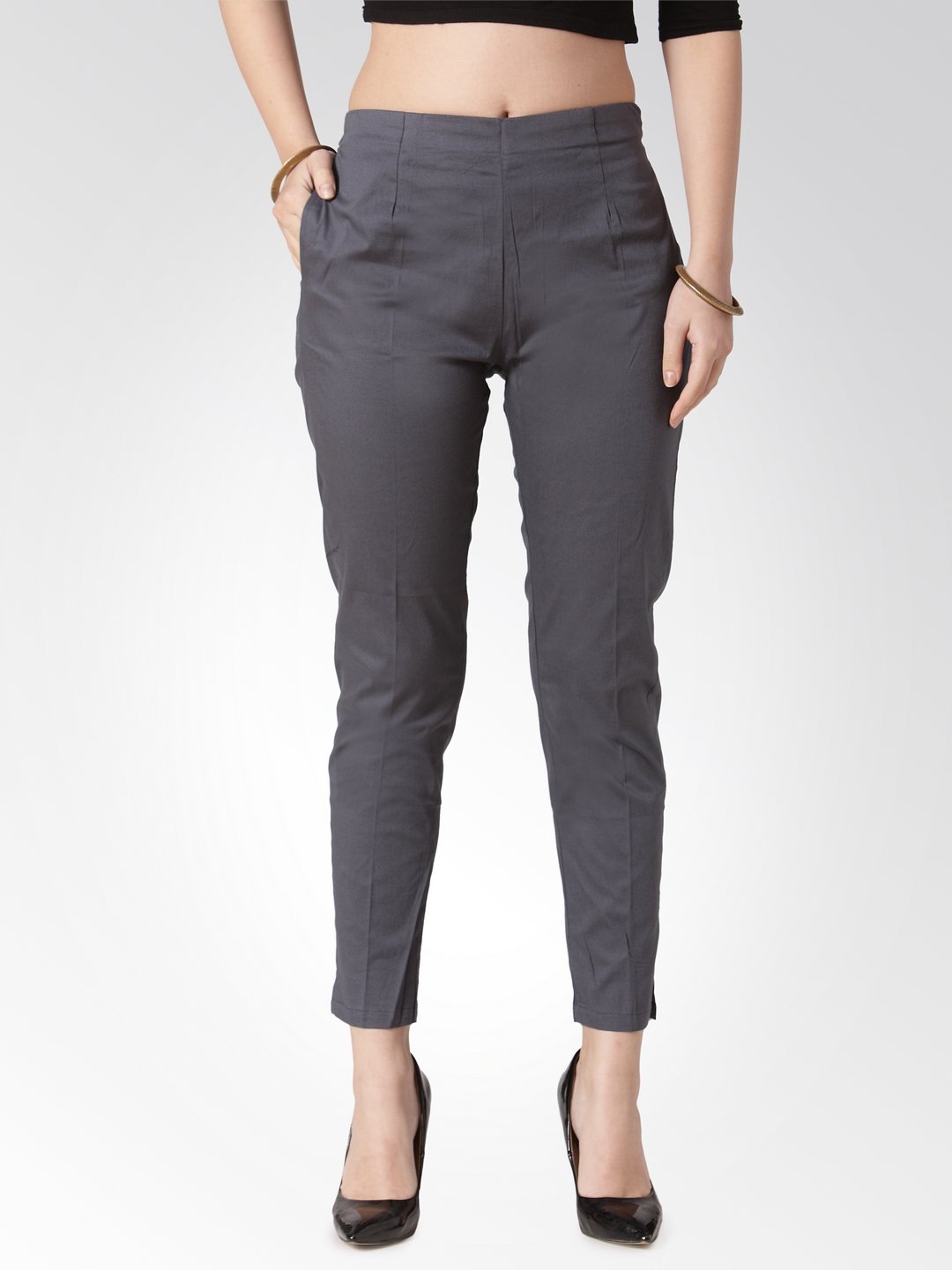 Jompers Women Grey Smart Slim Fit Solid Regular Trousers - Distacart