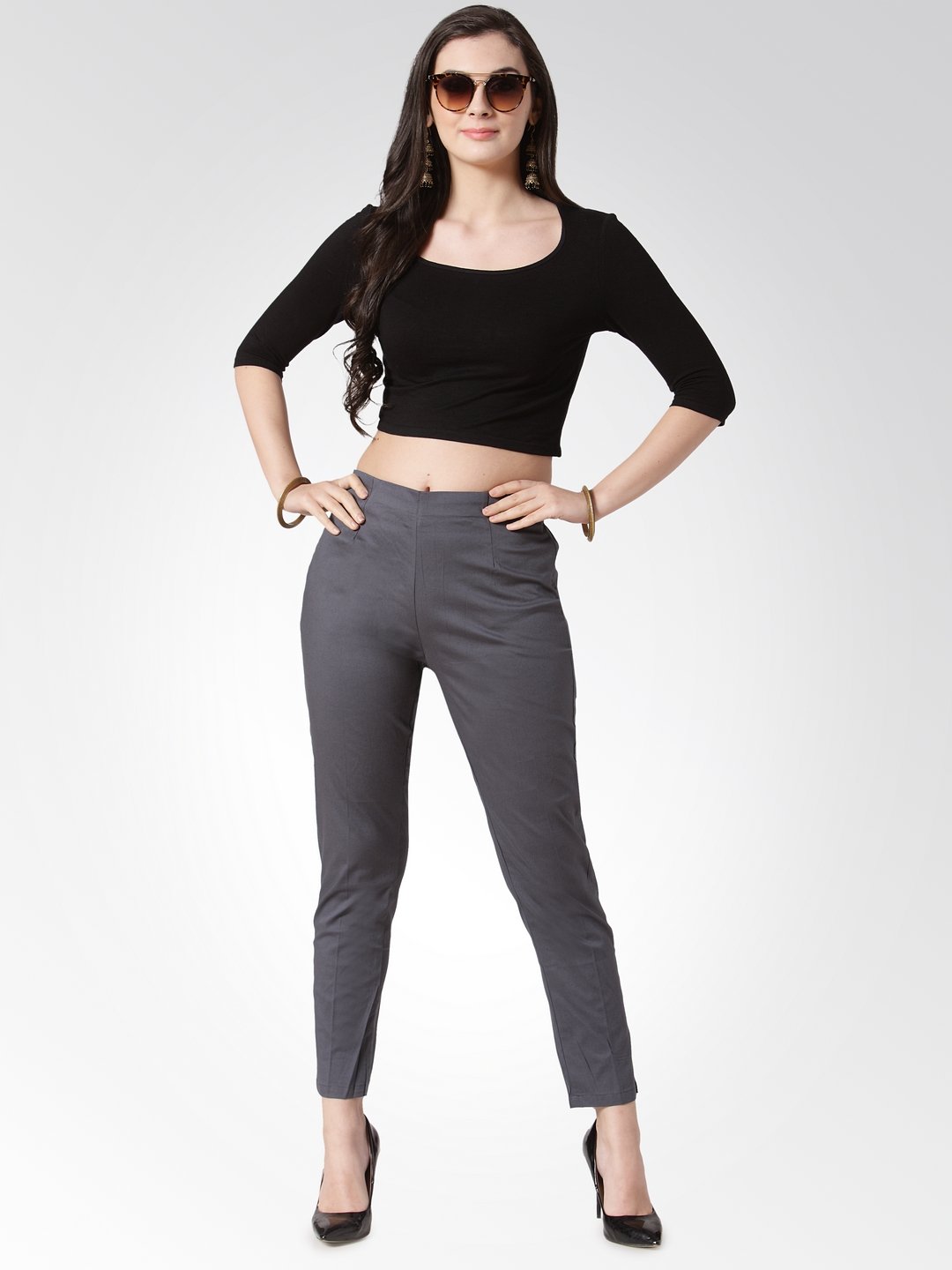Jompers Women Grey Smart Slim Fit Solid Regular Trousers - Distacart
