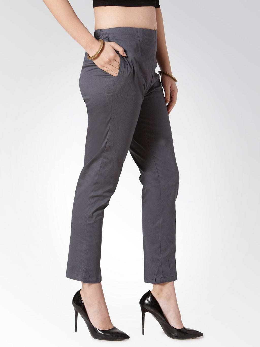 Jompers Women Grey Smart Slim Fit Solid Regular Trousers - Distacart