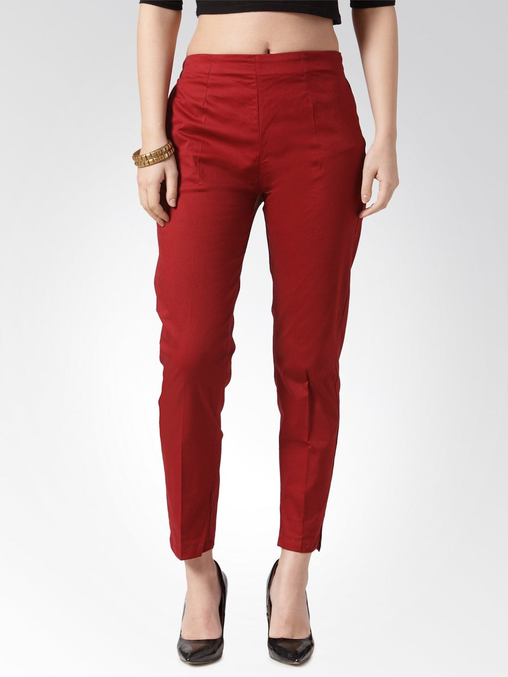 Jompers Women Maroon Smart Slim Fit Solid Regular Trousers - Distacart