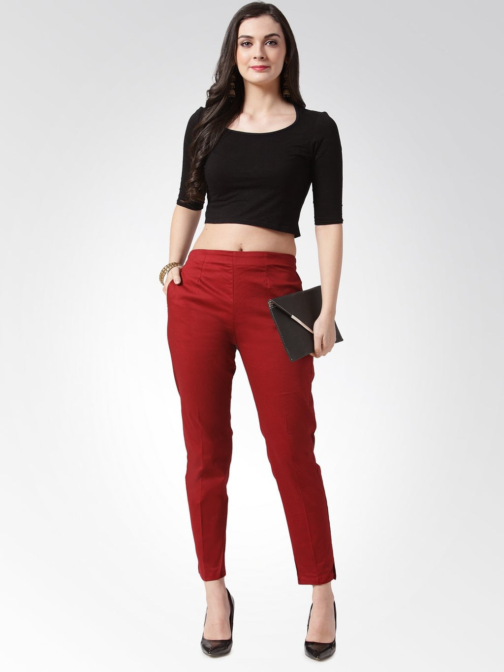 Jompers Women Maroon Smart Slim Fit Solid Regular Trousers - Distacart