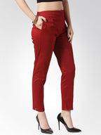 Jompers Women Maroon Smart Slim Fit Solid Regular Trousers - Distacart