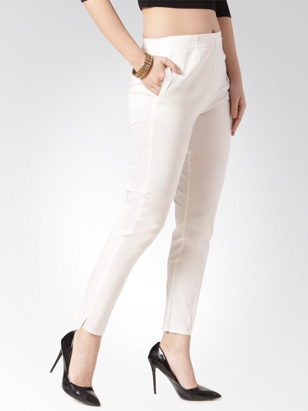 Jompers Women Off-White Smart Slim Fit Solid Regular Trousers - Distacart