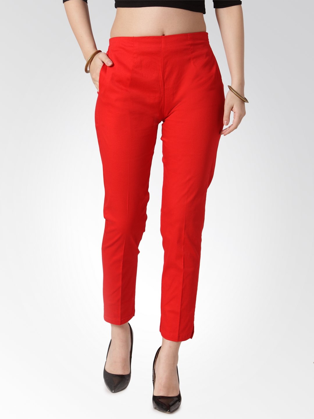 Jompers Women Red Smart Slim Fit Solid Regular Trousers - Distacart
