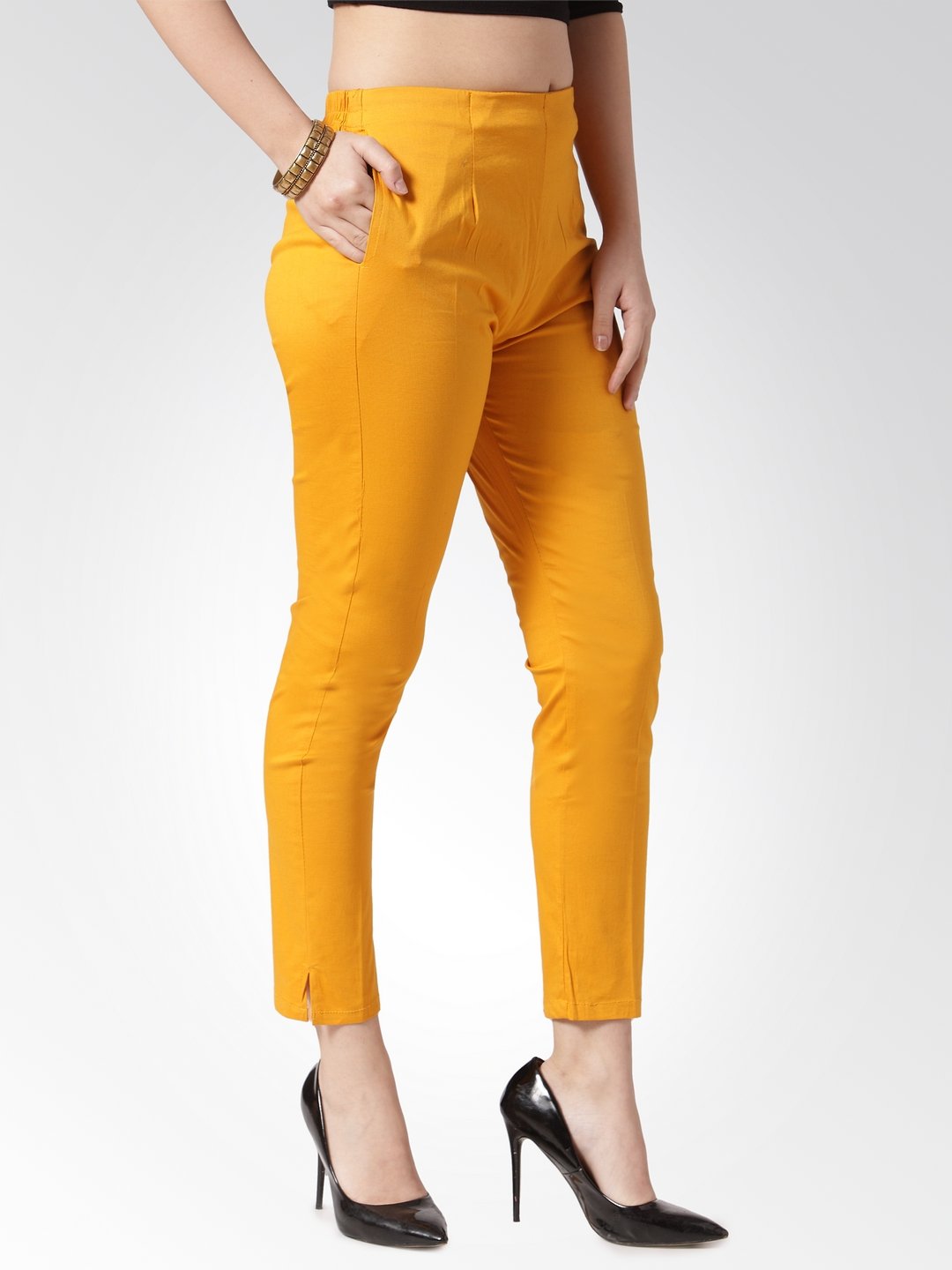 Jompers Women Mustard Smart Slim Fit Solid Regular Trousers ( Yellow ) - Distacart