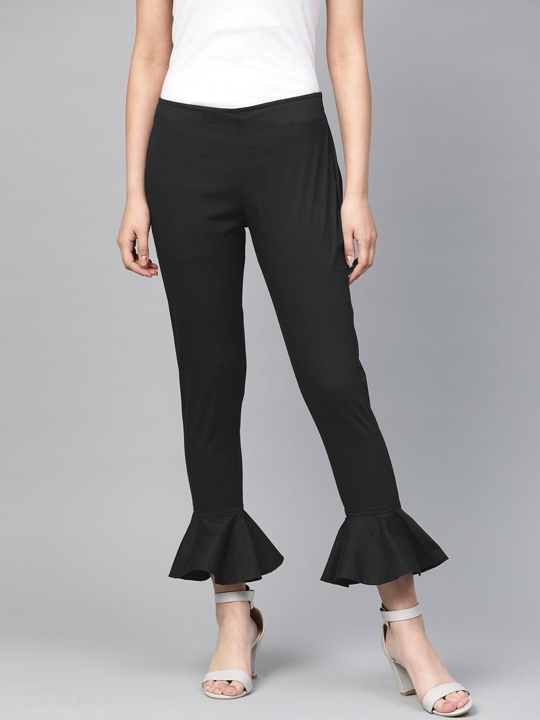 Jompers Women Black Smart Slim Fit Solid Bottom Flared Trousers - Distacart