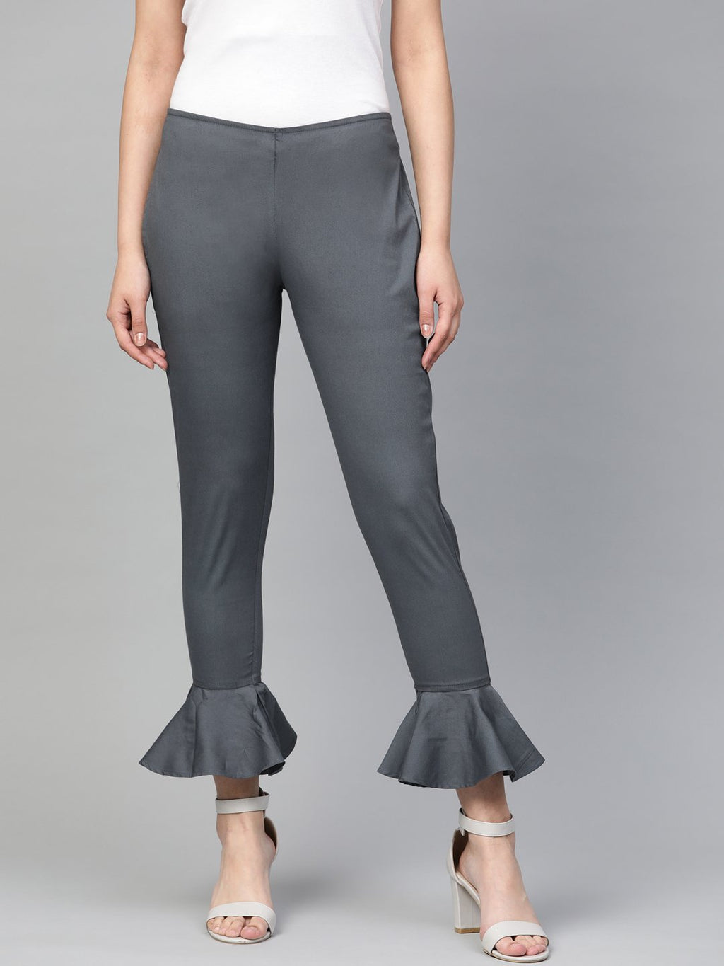 Jompers Women Grey Smart Fit Solid Bottom Flared Trousers - Distacart