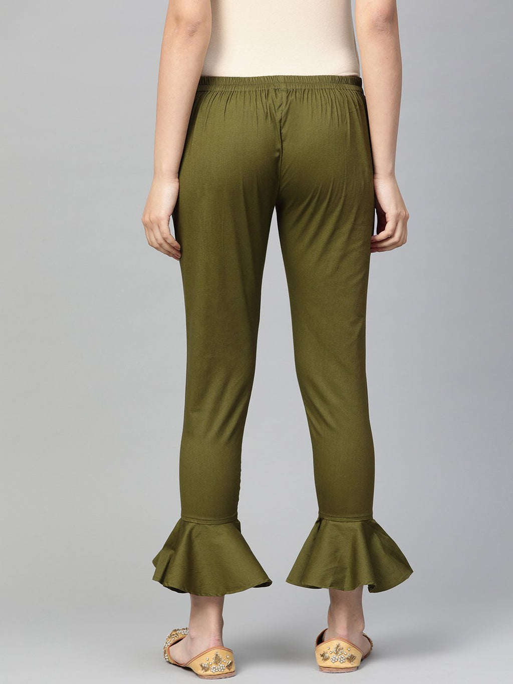 Jompers Women Olive Green Smart Fit Solid Bottom Flared Trousers - Distacart