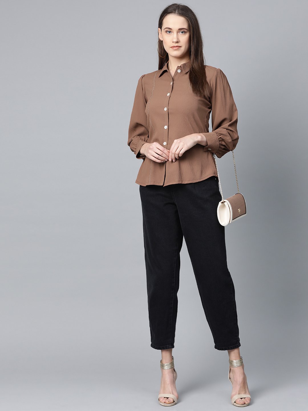 Jompers Women Brown Regular Fit Crinkled Effect Casual Shirt - Distacart