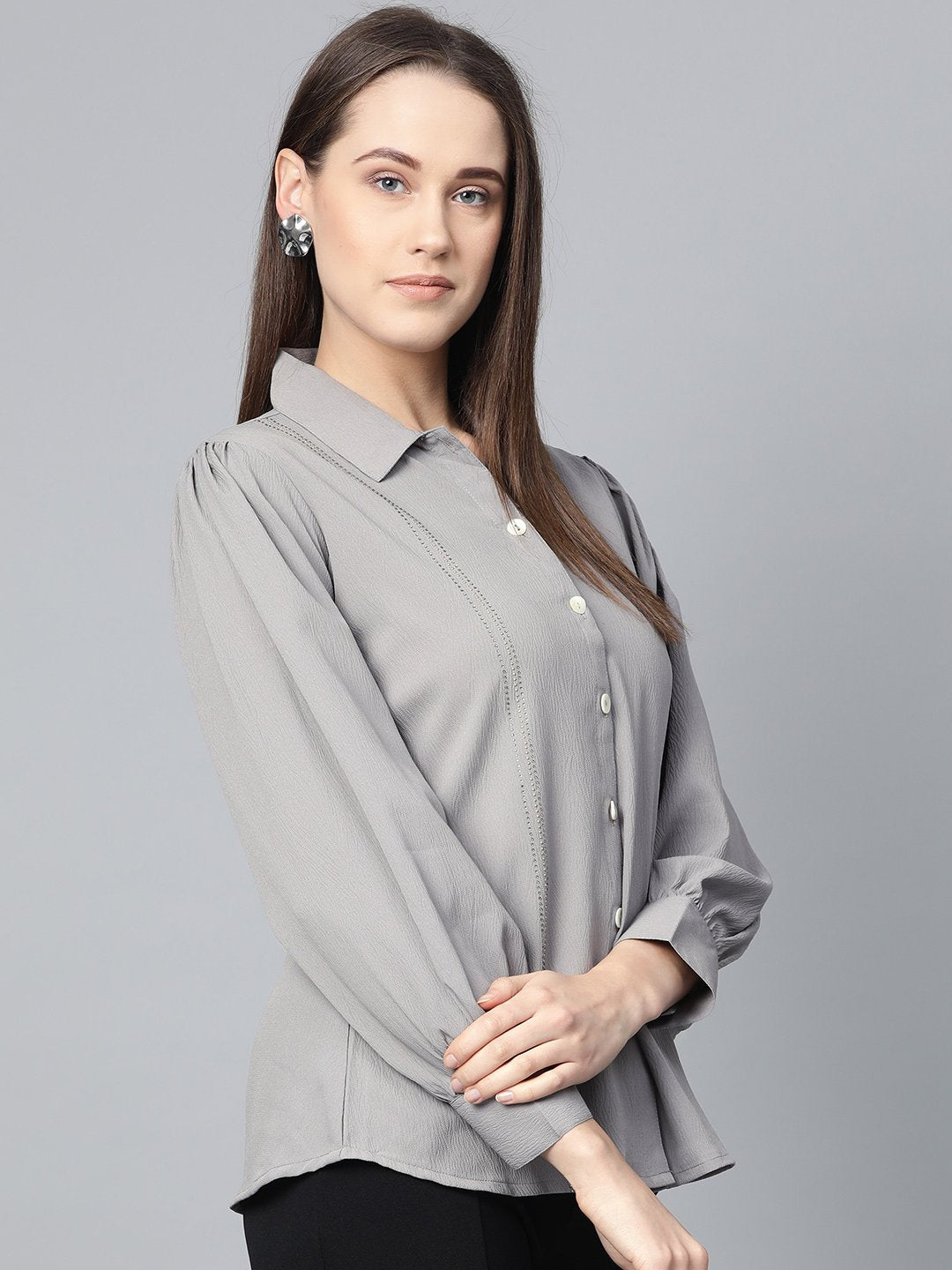 Jompers Women Grey Regular Fit Crinkled Effect Casual Shirt - Distacart