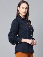 Jompers Women Navy Blue Regular Fit Crinkled Effect Casual Shirt - Distacart