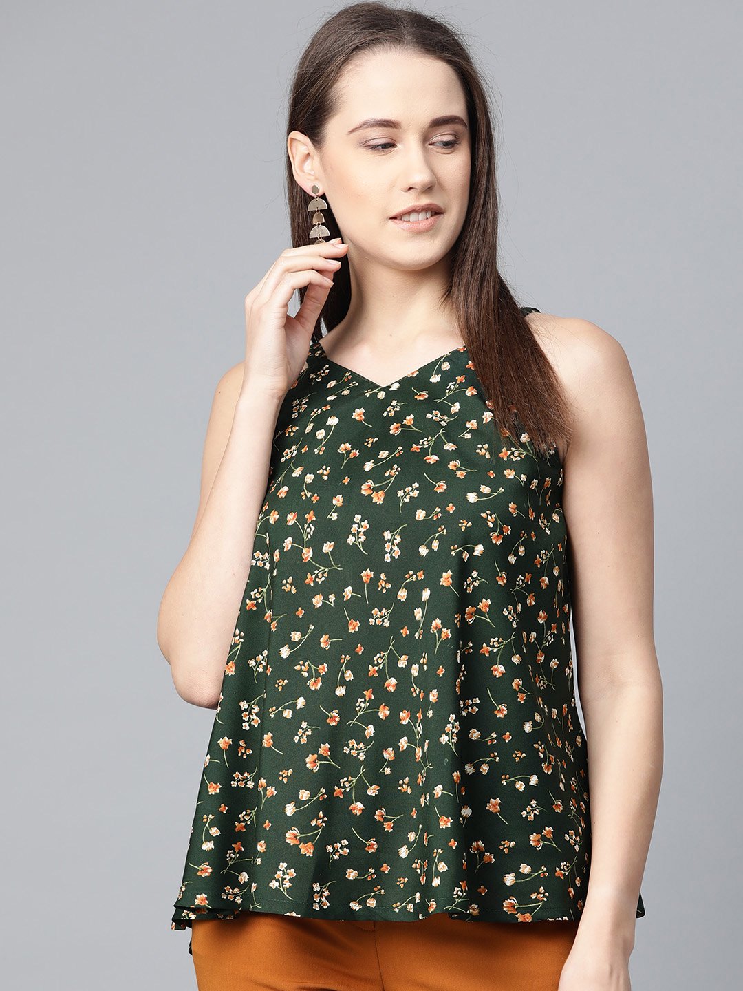 Jompers Women Green & Brown Printed A-Line Top - Distacart