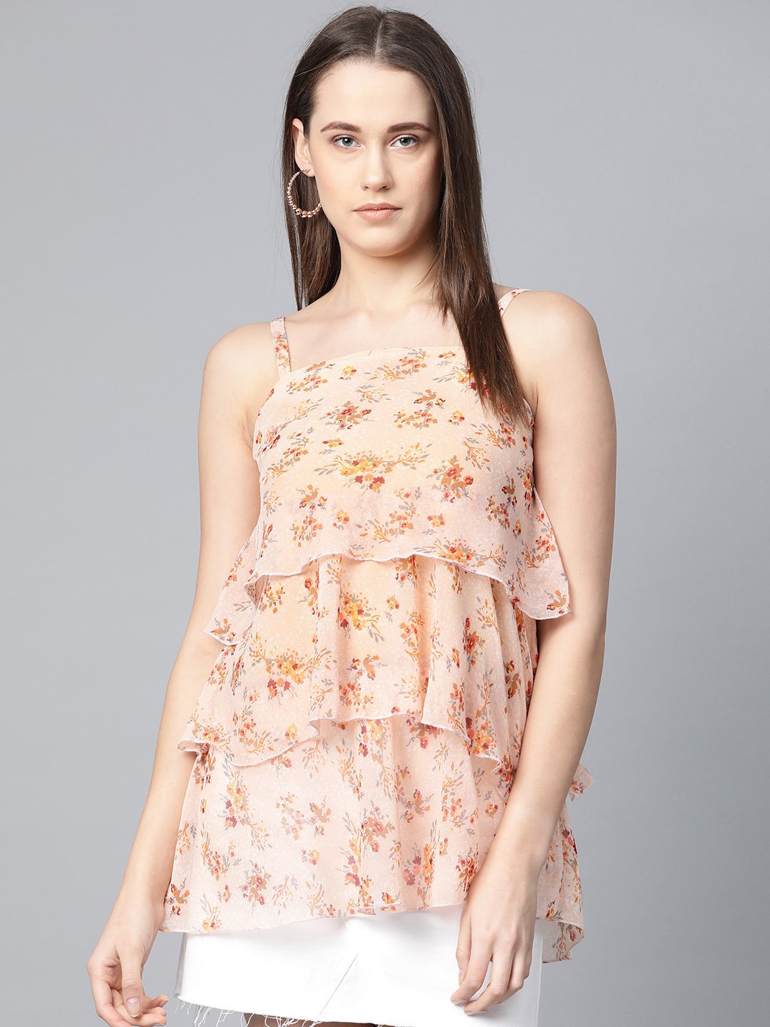 Jompers Women Peach-Coloured & Grey Printed Tiered Top - Distacart