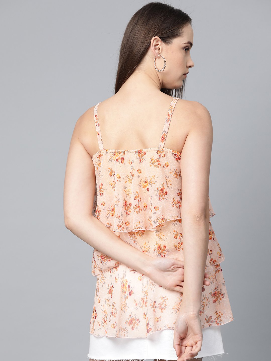 Jompers Women Peach-Coloured & Grey Printed Tiered Top - Distacart